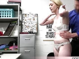 Cute blonde shoplifter teen with a lot of tattoos gets punish fucked on femdomerotic.com