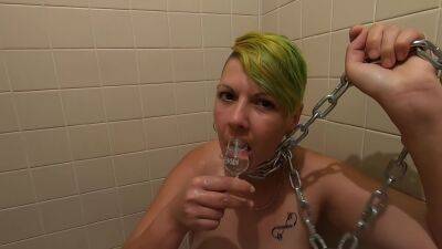 Chained Slave Girlfriend Pissed On Drinking Piss And Then Her Own From Shot Glass on femdomerotic.com